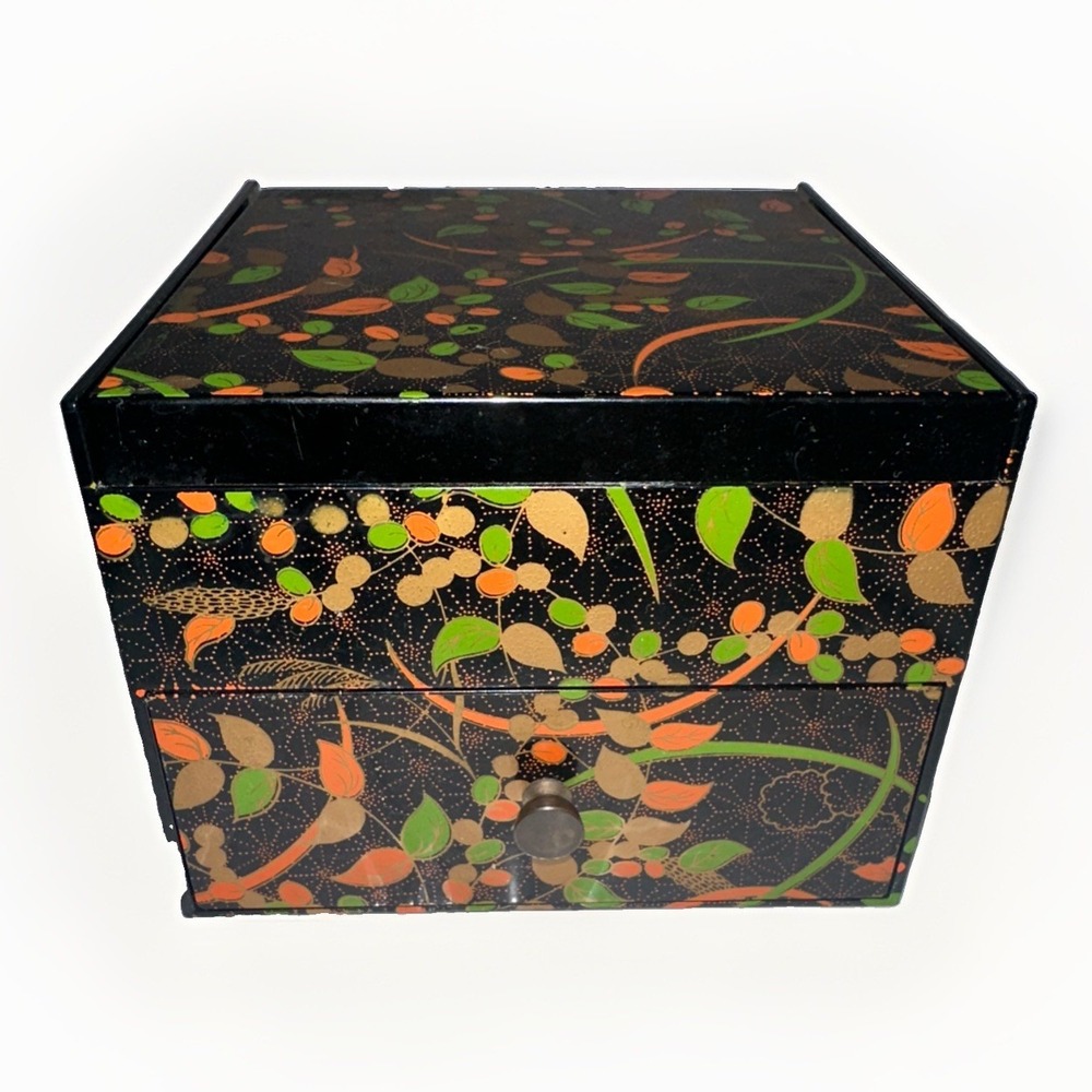 Asian Lacquer 1 Drawer With Mirror Small 5"x 5"x4" Jewelry Box Hong Kong Gift